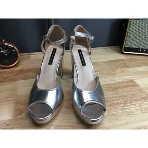 French Connection Women 8.5 Silver Leather Block Heel Platform Peep Toe Pumps